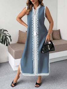 SHEIN LUNE Modern Plus Size Baby Blue Striped Woven Shirt Dress With Notched Neck Long Length And Slit Hem For Casual Wear - Baby Blue - View 5