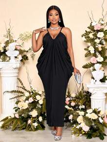 SOLERSUN Große Größen Frühling/Sommer Neuankömmling, hochelastisches, glänzendes Einfarbig gestricktes Kleid mit tiefem V-Ausschnitt, verstellbaren Trägern, kokonfömigen O-förmigen Falten, langes Kleid geeignet für den Alltag, Lässig-Zusammenkünfte, Dates, Valentinstag, Cocktailpartys, Abschlussfeiern, Reisen, Strandurlaub, Silvester, Musikfestivals, Karnevals, Hochzeitssaison und Gästeoutfits. Sexy, elegant, schlicht und modisch Damenbekleidung. - Schwarz - Übersicht 1