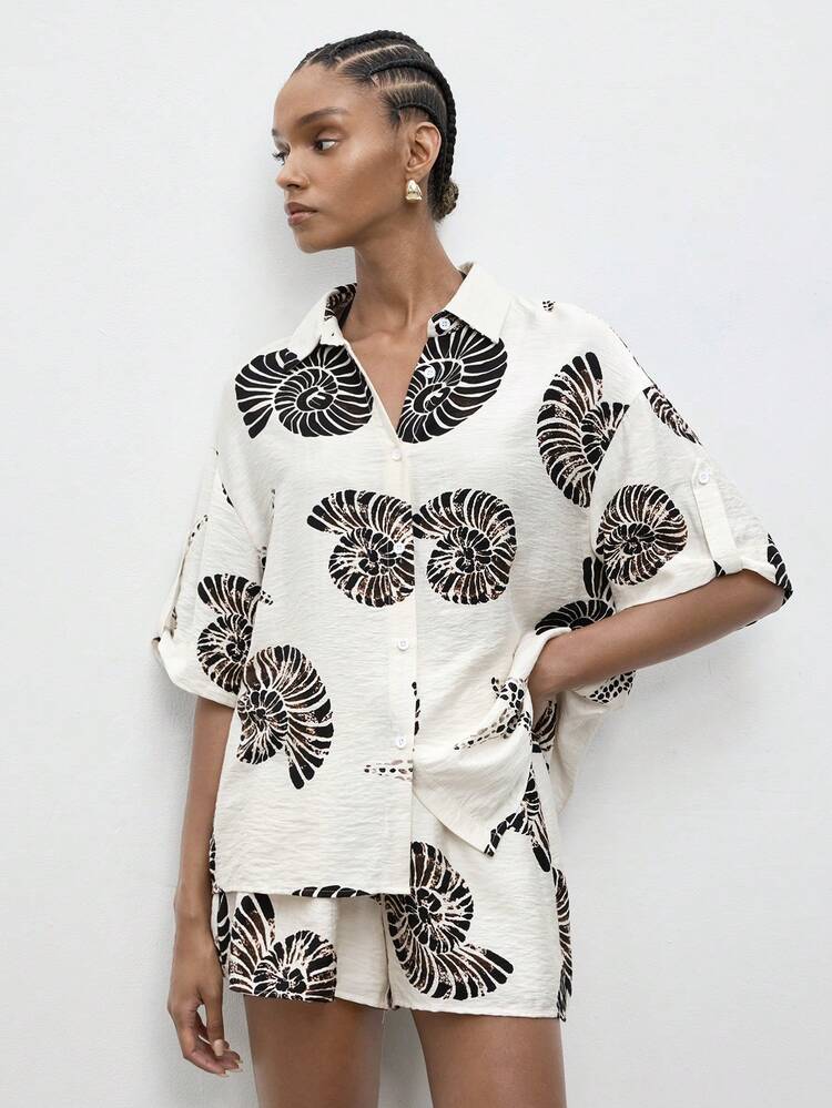 SHEIN Maija Women's Vacation Casual Seashell & Starfish Print Shirt And Shorts 2 Pieces Set  St Patrick's Day Women Easter Summer Outfits Easter Dress Women Party Top Beach Dress Summer Holiday Outfits Each Vacation Outfits For Women  Summer Outfit For Women Going Out Outfits Graduation Graduation Outfit  Casual Dresses  Casual Blouses For Women