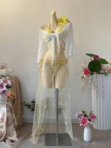 SuriyaCove Women's Spring/Summer Beach Vacation Textured Fabric Front Twist Cropped Top - Beige - View 5