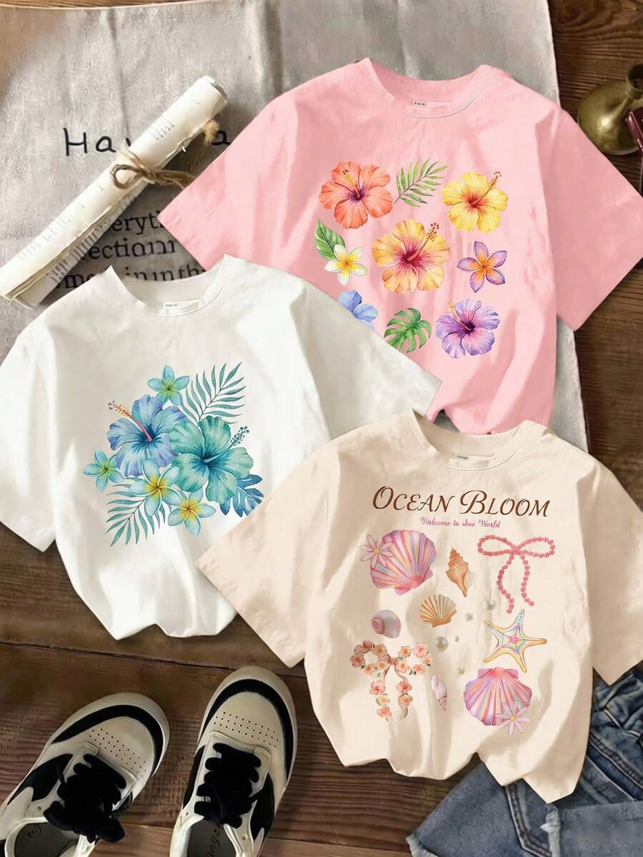 少女三件套贝壳花卉印花短袖套装,休闲舒适,适合春夏穿着,时尚百搭,适合户外活动、野餐、街头摄影、居家、上学、节日庆典等场合,也是馈赠佳品。 - 彩色 - 查看 1