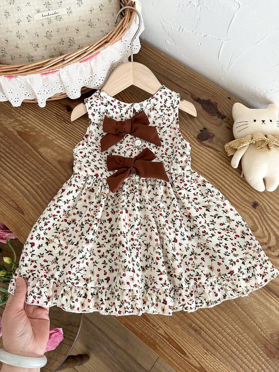 SHEIN 女婴3个月-3岁外出连衣裙，1件套休闲可爱日常秋季穿搭，棕色蝴蝶结装饰无袖蓬蓬裙 - 白色 - 查看 1