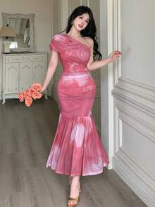 DAZY Đầm midi trễ vai xếp ly in hoa thanh lịch dành cho nữ, thích hợp cho mùa xuân/hè. - Hồng - Xem 5