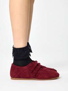 ROMWE Grunge Punk 女士平底豹纹绑带芭蕾舞鞋，布面鞋面，乐福鞋，玛丽珍小皮鞋 - 酒紅色 - 查看 5