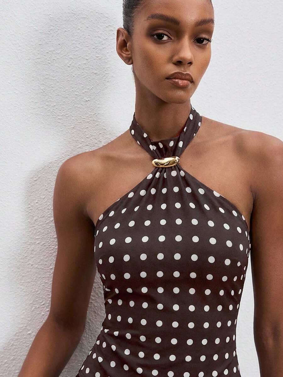ATUI Studio Women's Polka Dot Halter Neck Ruched Bodysuit, Fashionable & Versatile - Brown - View 1