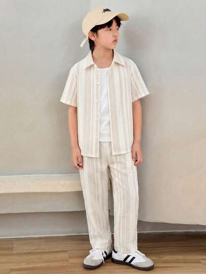 2pcs Tween Boy Casual Collegiate Comfortable & Fashionable Minimalist Practical Soft Textured Wave Pattern Polo Collar Short Sleeve T-Shirt And Elastic Waist Pants Set, Suitable For Autumn, Spring, Summer, Suitable For Daily Wear, Outdoor Play, School, Street Style, Party And Leisure Summer Y2k Vacation Goth Gothic Streetwear Sumwon Burgundy Holiday Vintage Boho Festival Gras Party Cute Birthday Boys Modest Home Casual Cozy