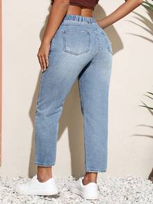 SHEIN CURVE+ Plus Size Solid Color Minimalist Everyday Jeans - Blue - View 2
