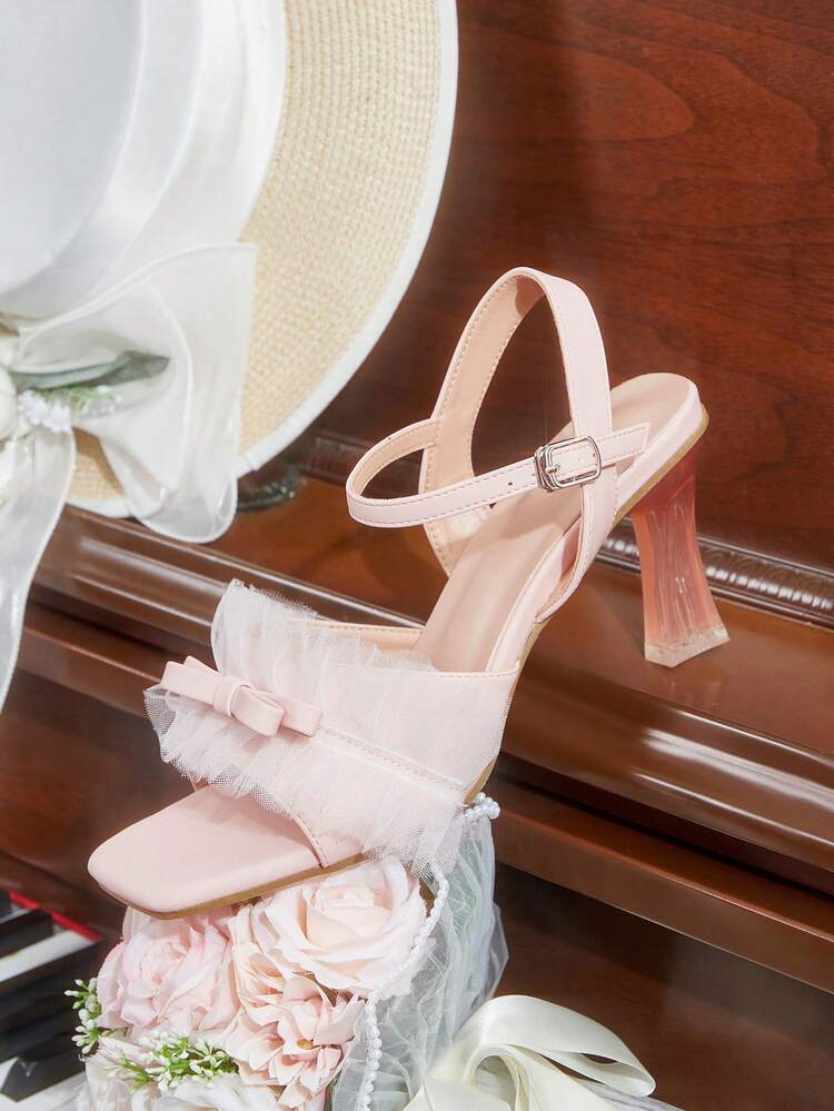 CUCCOO HITCHD Women's Fashionable Elegant Bow Tie Mesh Decor Heeled Sandals Summer Shoes Wedding Shoes Bride Shoes