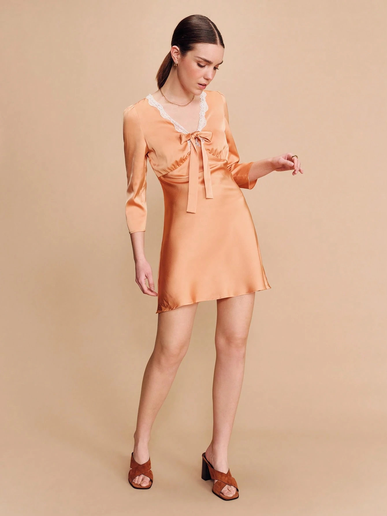 Orange Satin Mini Dress With Lace-Trim V-Neck And Tie-Front Bow Cute Spring Summer Style French Style Parisian Style Front Tie Dress Apricot Dress Peach Dress For Women Light Orange Dress