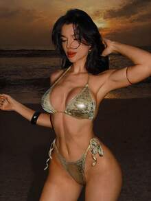 SHEIN Swim SXY Women's Summer Beach Metal Texture Halter Tie Sexy Bikini Swimwear Set Gold Bikini Set Shiny Bikini Gold Two Pieces Set Gold Swimwear Gold Bathing Suits For Women - Multicolor - View 3