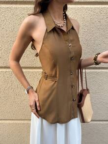 Solivie 女士春夏露背收腰露背上衣，百搭优雅，适合外出、通勤和度假 - 卡其色 - 查看 5