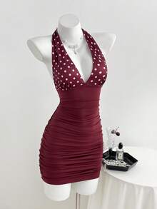 Elamini 女士性感深V领波点拼接荷叶边紧身迷你连衣裙，夏季度假 - 酒紅色 - 查看 4
