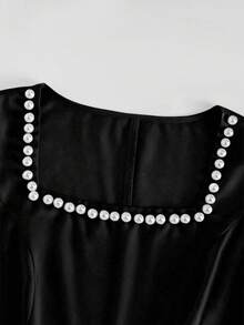Lyxana 女士优雅方领珍珠缎带腰身A字短花瓣袖长连衣裙，适合约会、派对、宴会、春夏穿着 - 黑色 - 查看 4