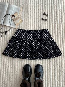 Glimmora Chân váy nữ kiểu dáng vintage giản dị, họa tiết chấm bi, xếp ly đôi, thích hợp cho kỳ nghỉ hè. - màu đen - Xem 2