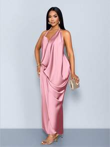 SOLERSUN Elegant Women's Pink Halter Neck Cami Long Dress Sleeveless With Wrap Hem Design - Pink - View 6