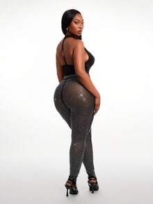 Radiana Plus Size Women's Rhinestone Embellished Casual Versatile Skinny Leggings, Suitable For Spring & Summer Black See Through Leggings Fishnet Leggings Black Mesh Pants Black See Through Tights Rhinestone Leggings Leggings For Women High Waisted Sexy Versatile Luxury Outfits - Black - View 9