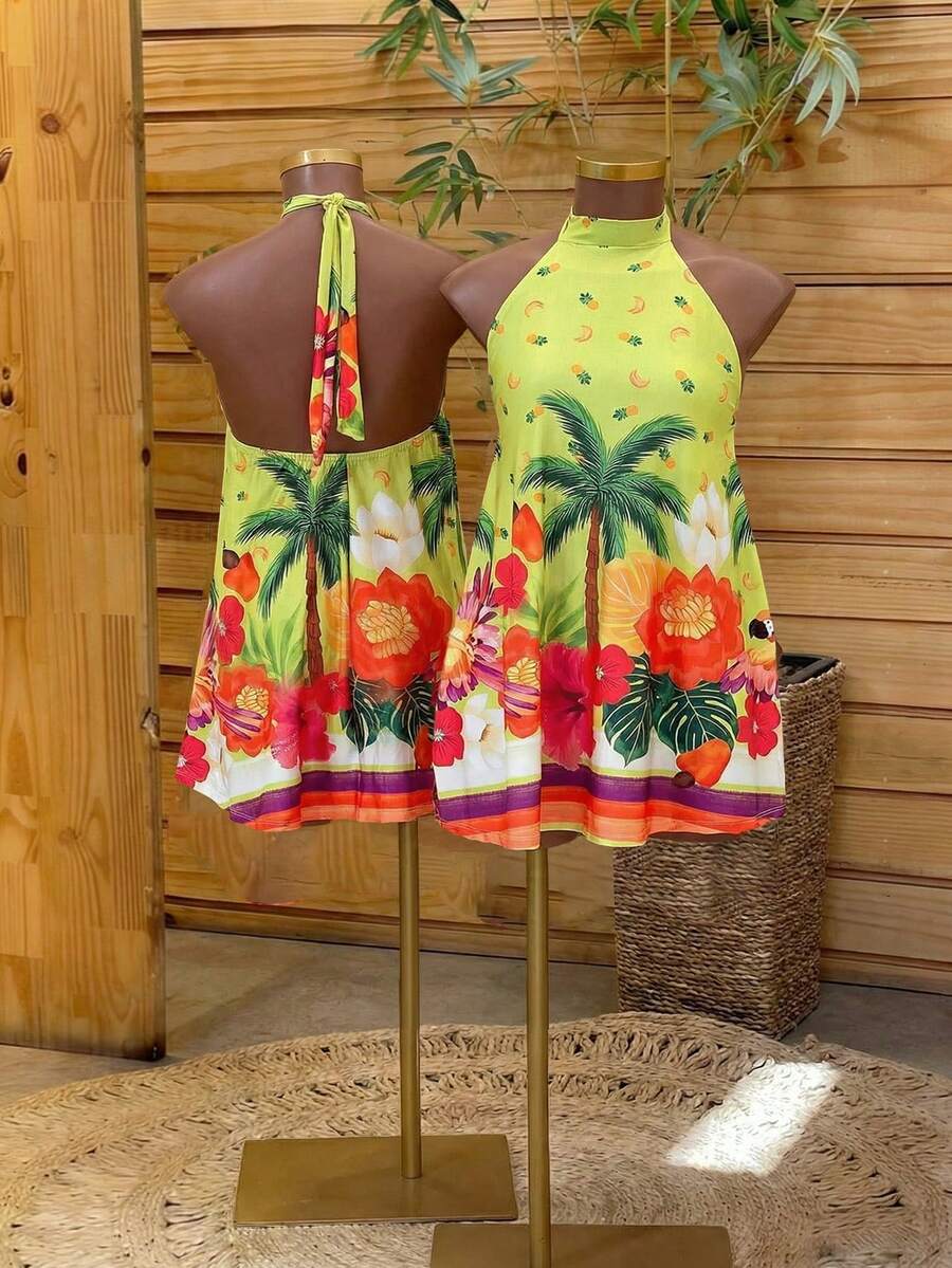 Lunelith SHEIN Lunessa Tropical Print Backless Halter Shirt, Vacation & Casual - Green - View 1