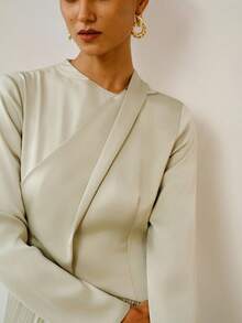 ZEYLAH Asymmetric Neck Pleated Long Sleeve Satin Dress, Spring/Summer - Green - View 2