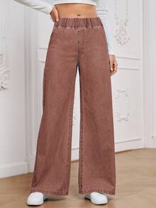 SHEIN Tall Pantalones vaqueros casuales de pierna ancha y cintura elástica para mujer - Café integral - Ver 1