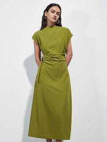 Aveloria Modichic Avocado Green Cap Sleeve Midi Dress, Cinched Waist Waist Design With Asymmetric Metal Buckle, Elegant Versatile Office To Casual Wear - Green - View 6