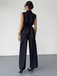 SHEIN Women's Solid Color Lapel NeckVest And Pants Casual Suit Set - Black - View 2