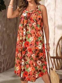 EMERY ROSE Burnt Orange Plus Size Women's Summer Casual Boho Vacation Holiday Floral Print Round Neck Sleeveless Dress,Hawaiian Spring Break Outfits - Hot Pink - View 5