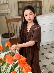 DAZY 少女拼接设计连衣裙，秋季款 - 棕色 - 查看 1