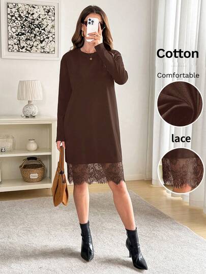 Easowa Black Cotton Lace Patchwork Hem Round Neck Long Sleeve Mini Dress For Women, Suitable For Family Parties, Gatherings With Friends, Daily Outings, Chic Outfits, Autumn/Winter