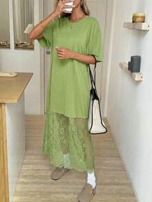 Easowa 圆领纯色短袖宽松休闲T恤，蕾丝连衣裙，时尚百搭，适合外出和通勤的春季女装，夏季女装，绿色蕾丝连衣裙，早午餐女装，超大T恤连衣裙，连体连衣裙，夏季长款休闲连衣裙，度假装，法式连衣裙，新款女装 - 綠色 - 查看 4