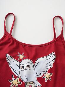 HARRY POTTER X SHEIN Bộ đồ ngủ nữ không tay, dây mảnh, họa tiết thời trang, thích hợp cho mùa hè. - Đỏ - Xem 4