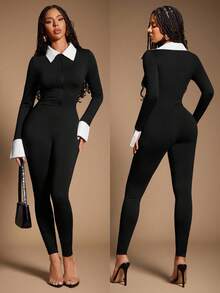 Radiana Women's Sexy Casual Minimalist Fashion Black & White Contrast Color Jumpsuit, Shirt-Style 2 In 1 Long Sleeve Jumpsuit, Casual Wear, Business Attire, Office Wear, Autumn/Winter Base Layer, Suitable For Daily Outings, Office, Commuting, Gatherings ,Sexy Jumpsuits, Bodycon Jumpsuit, Tall Curve, Long Sleeve Jumpsuit Women Bodysuits For Women Full Body Suit - Black and White - View 8