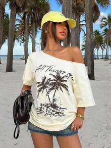 Muchica 新款热带印花休闲宽松单肩女式T恤 - 淡黃色 - 查看 3