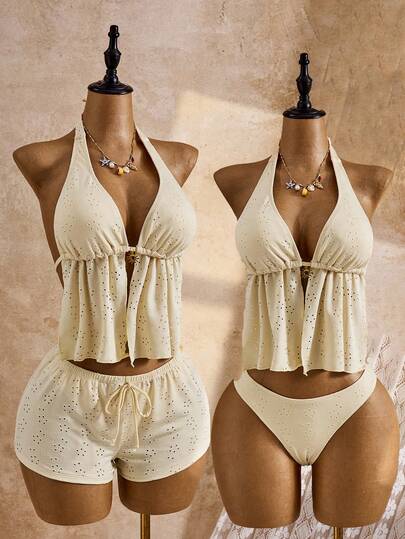 Bellisia Conjunto de bikini triangular de 3 piezas con tirantes de espagueti, malla y bordado en color amarillo, parte de la colección Primavera/Verano 2026 de trajes de baño para mujer, adecuado para la escuela, vacaciones, citas, tardes de té, estilo occidental, cruceros, playa, islas, viajes por carretera, festivales de música, vacaciones bohemias, vacaciones relajadas, otoño, estilo boho occidental, blusas elegantes para mujer, conjuntos de verano de 2 piezas, conjunto de verano de 2 piezas en crema, conjuntos de verano bohemios de 2 piezas, conjunto de verano para descansar