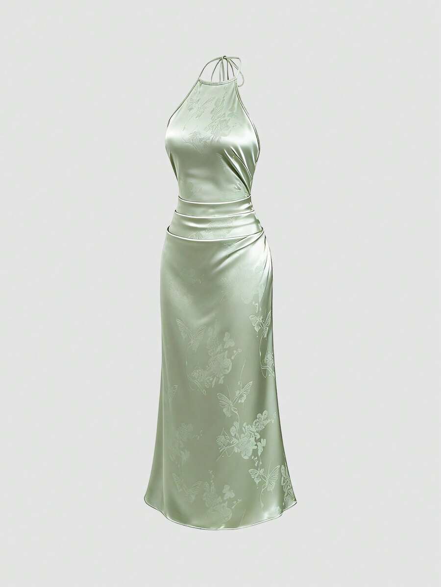 Sweetra Spring/Summer New Arrival Halter Midi Dress, Suitable For Vacation, Birthday Party Outfit - Green - View 1