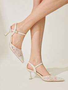 CUCCOO CHICEST Tacones altos elegantes de fiesta y banquete con puntera puntiaguda, correa de tobillo, malla bordada en color albaricoque, cómodos y transpirables - Albaricoque - Ver 7