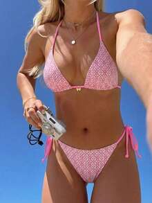 Swim Mod Bộ bikini nữ cổ yếm buộc dây bên hông, chất liệu có họa tiết, thích hợp cho bãi biển và vùng biển, mùa xuân/hè. - Hồng - Xem 1