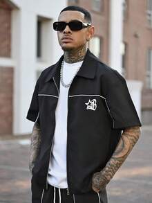 Devon Thys Manfinity Streetrush 3pcs Men's Star Print Short Sleeve Zipper Front Shirt & Shorts Outfit - Black - View 3