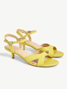 CUCCOO CHICEST Women Shoes Spring And Summer New Round Head Kitten Heel Medium Heel Romantic Elegance Temperament Yellow Sheep Pattern PU Women's High Heel Sandals Ankle Strap Dating Afternoon Tea Valentine's Day Elegant Wear - Yellow - View 1