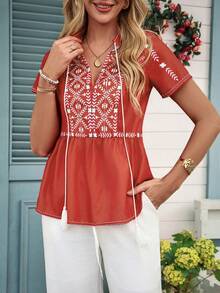 Louniche Women's Casual Vacation Retro Print V-Neck Tassel Tie Blouse, Spring/Summer - Red - View 7