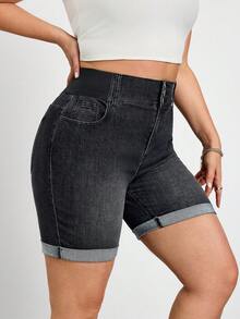 SHEIN CURVE+ 大码水洗高腰修身牛仔短裤，春夏狂欢节服装通勤度假毕业时尚Y2K可爱街头风派对婚礼优雅商务休闲女装高腰黑色牛仔百慕大短裤，带松紧腰带和纽扣细节黑色休闲牛仔短裤，百搭通勤短裤，弹力舒适女式短裤，运动休闲牛仔裤经典卷边牛仔短裤 - 藍色 - 查看 6