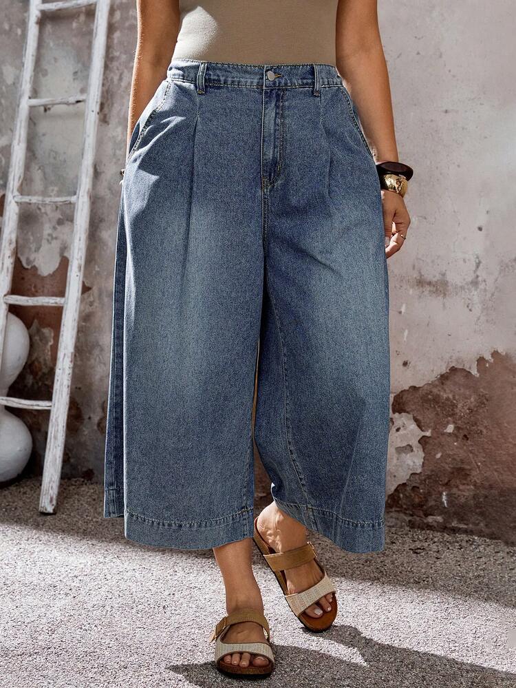 EMERY ROSE Mature Denim Jeans de pierna ancha con bolsillos, pliegues y botones, de uso versátil y casual para mujer de talla grande - Azul - Añade 7