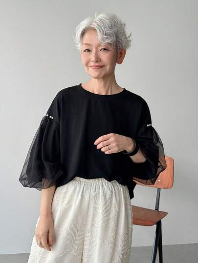 FRIFUL 女士圆领宽松网纱花瓣袖宽松夏季短袖T恤