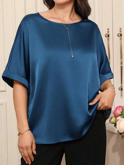 EMERY ROSE Plus Size Women's Fashionable Casual Crew Neck T-Shirt\Summer\Elegant, Summer Tops Blue Tops Women Tops Elegant Plus Size Women Blouse Blue Tops Plus Size Plus Size Blue Tops Plus Size Women Clothes Blouse Satin Tops For Women S For Women Silk Tops For Women,Work Outfits For Women ,Dress Shirt
