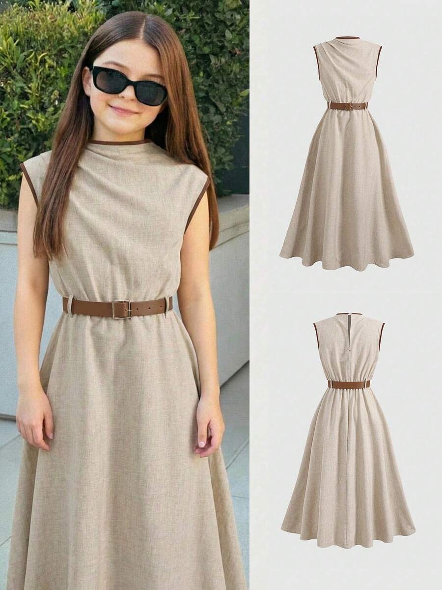 SHEIN Tween女孩休閒時尚通勤風拼色立領收腰A字洋裝,米色高領中性色,附棕色腰帶 - 杏色 - 查看 1