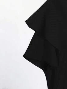 Camiseta casual de mujer de unicolor con diseño de botones y decoración de lazo en las mangas cortas - Negro - Ver 4