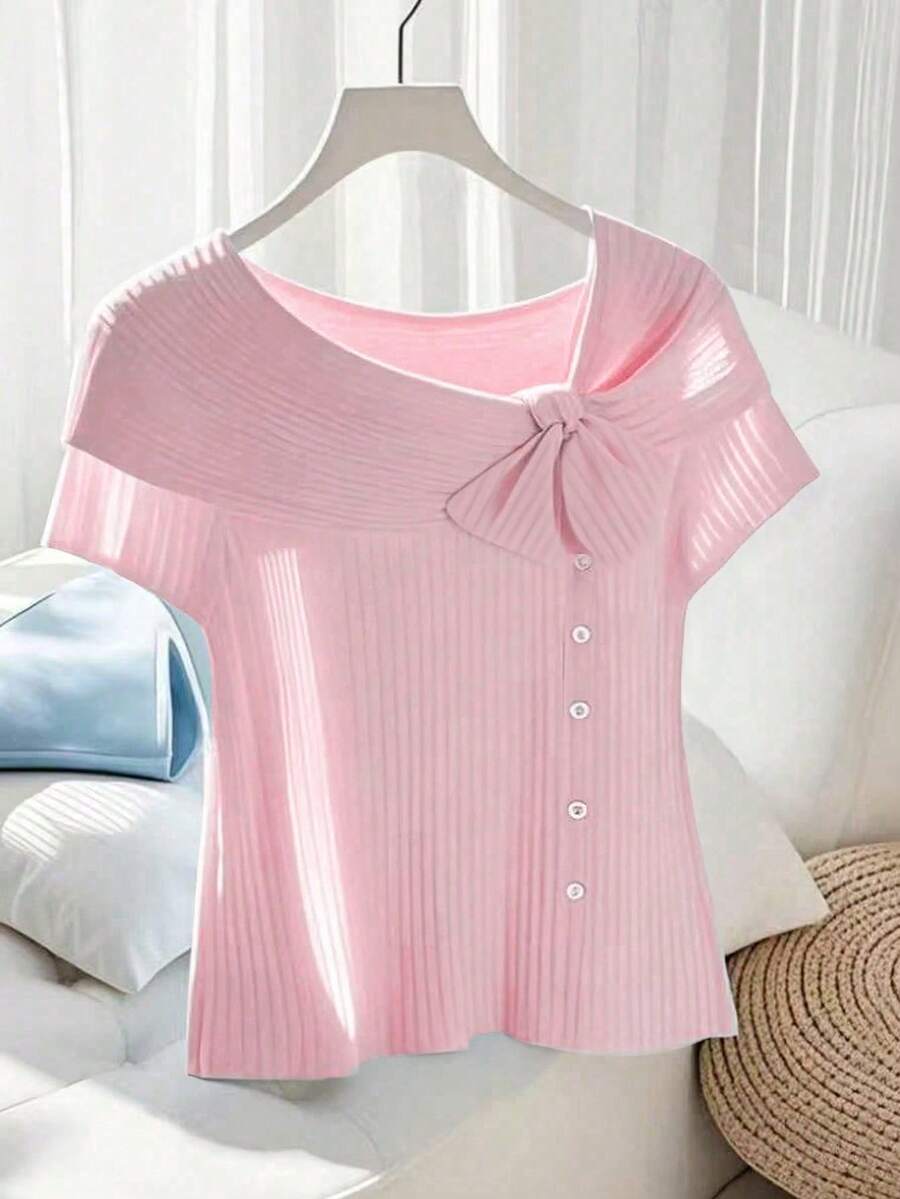 SHEIN Clasi 女士纯色打结优雅短袖T恤，夏季 - 粉色 - 查看 1