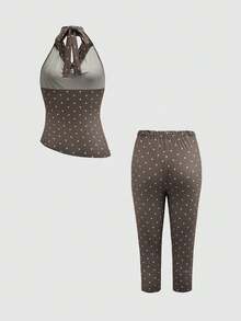 INAWLY SZ126 Brown Polka Dot Draped Neck Sleeveless Top And 3/4 Pants Set - Brown - View 2