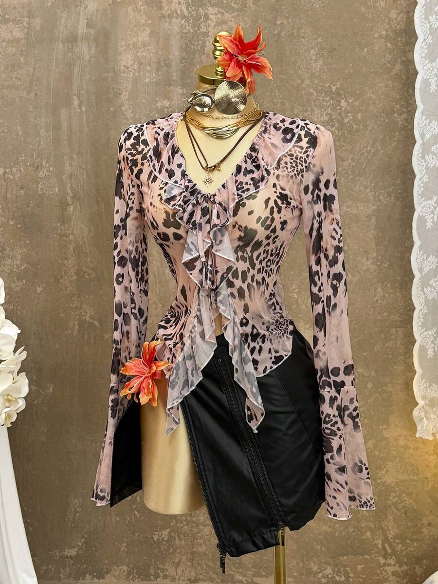 INAWLY Women's Fashion Leopard Print Ruffle Trim Long Sleeve Top - Khaki - View 1