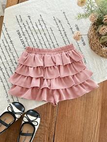 SHEIN Babygirl Summer Cute Vacation Casual Versatile Pink Ruffle Elastic Waist Mini Skirt - Pink - View 9