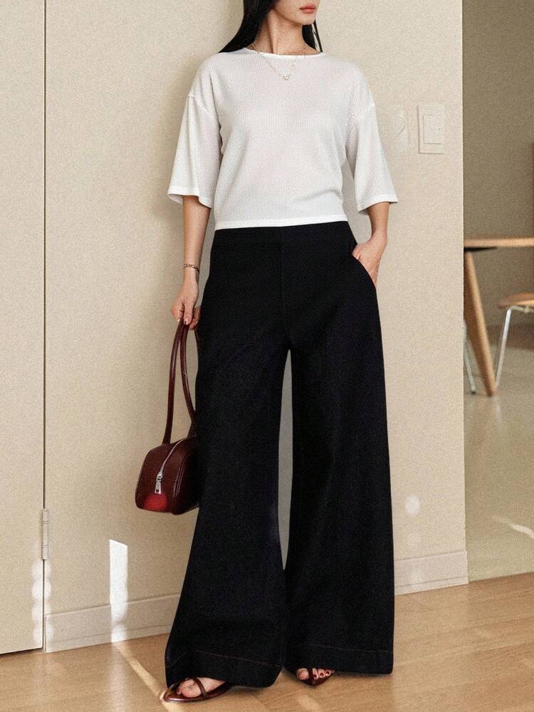 Women's Solid Color Round Neck Dropped Shoulder Casual Loose Minimalist Design Summer Versatile T-Shirt